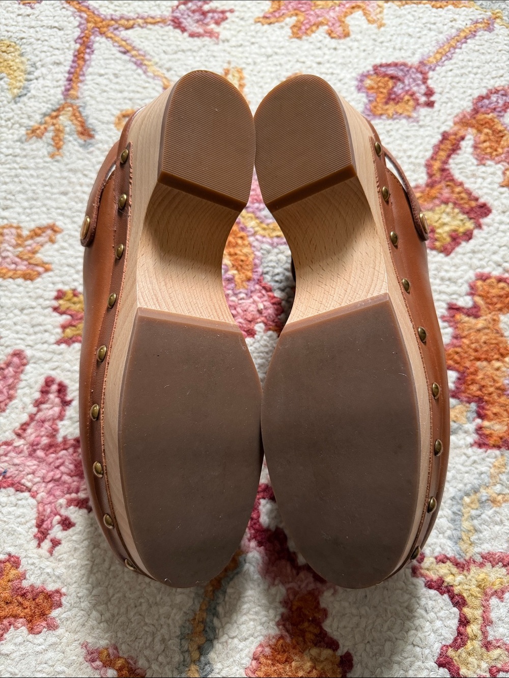 J. Crew Brown Tan Leather Studded Wooden Clogs - Picture 5 of 6